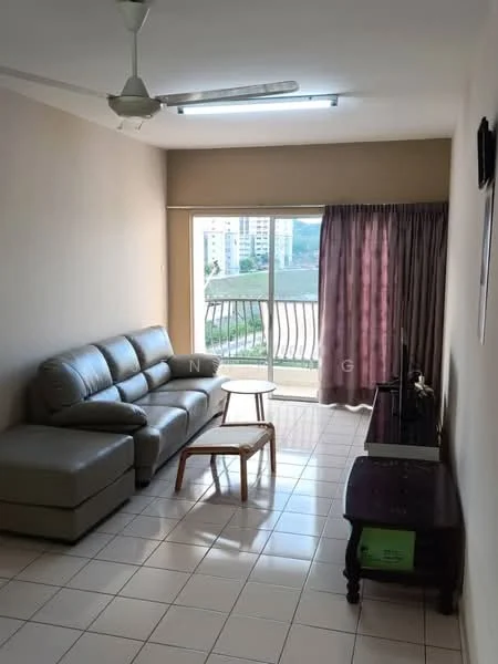 Living features: 3-seater leather sofa in grey, wooden coffee table, TV console, wall-mounted TV, floor-to-ceiling sliding glass door, curtains in dark purple, white painted walls, tile flooring, ceiling fan with light, natural light from balcony; style: modern; view: city.