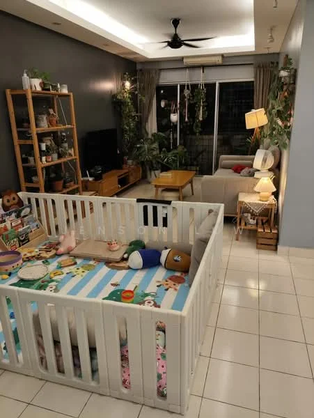 Living features: white tiled flooring, grey accent wall, ceiling fan, recessed downlights, large window with sheer curtains, greenery from potted plants, wooden shelving unit, television on stand, sofa in light color, coffee table, decorative lamp, playpen with colorful mat, wooden side table; style: modern; view: garden.
