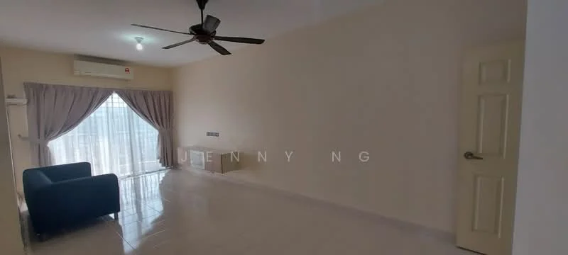 Living features: cream painted walls, glossy tile flooring, 5-blade ceiling fan with light, floor-to-ceiling windows, sheer curtains, blue fabric sofa, air conditioning unit, light fixture on ceiling; style: modern.