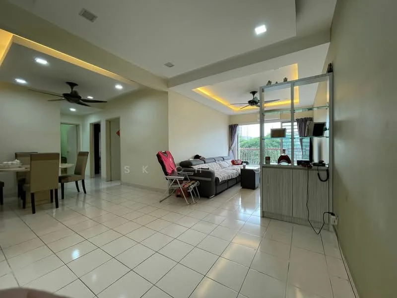 Living features: white painted walls, tile flooring, recessed downlights, 5-blade ceiling fan, L-shape sectional sofa in grey, coffee table, TV console, floor-to-ceiling windows, curtains, decorative wall shelf, area rug; style: modern; view: garden. Dining features: 6-seater dining table, upholstered dining chairs, tile flooring, white painted walls, recessed downlights; style: modern.