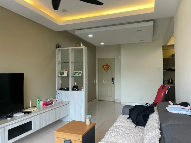 Living features: light grey wall, cream painted wall, tray ceiling with recessed lighting, 5-blade ceiling fan, floor-to-ceiling windows, light-colored sofa, wooden coffee table, TV console, wall-mounted TV, decorative items on shelves, tile flooring, doorway leading to kitchen, decorative wall art; style: modern.