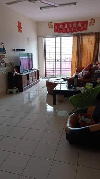 Living features: white painted walls, glossy tile flooring, large sliding glass door, curtains in orange, wall-mounted TV, wooden TV console, coffee table, 3-seater fabric sofa, 2-seater leather sofa, decorative wall hangings, floor lamp, green baby stroller, small side table.
