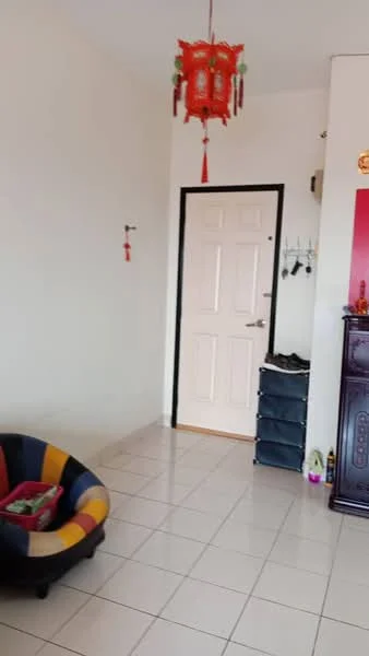 Room features: white painted walls, glossy tile flooring, door with panel design, hanging lantern, shoe rack, decorative wall hooks, colorful striped armchair, small decorative items on the floor; style: modern.