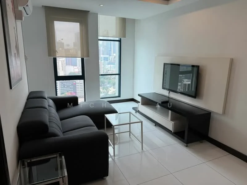 Living features: 3-seater fabric sofa in grey, glass coffee table, TV console, wall-mounted TV, floor-to-ceiling windows, white painted walls, polished tile flooring, recessed downlights; style: modern; view: city.
