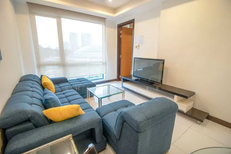 Living features: blue fabric sectional sofa, glass coffee table, wall-mounted TV, TV console, white tiled flooring, recessed ceiling lights, large windows with sheer curtains, neutral painted walls; style: modern; view: city.