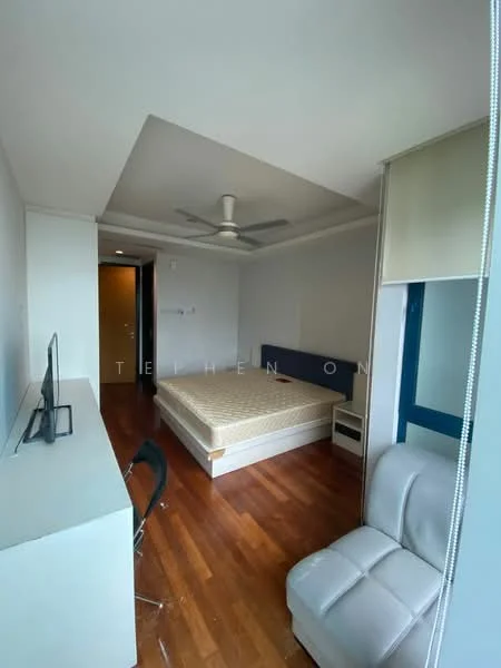 Bedroom features: queen-size bed, upholstered headboard, wooden flooring, 5-blade ceiling fan, wall-mounted TV, study desk, white painted walls, built-in wardrobe, window with view; style: modern.