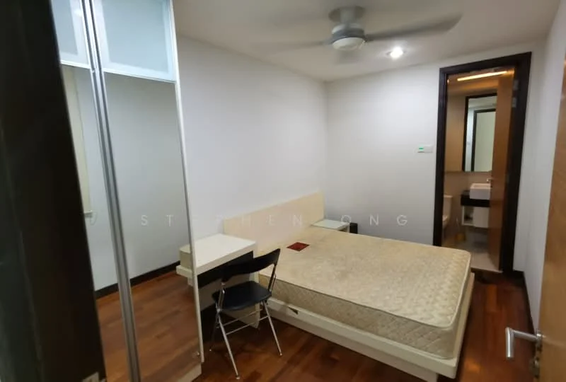 Bedroom features: wooden flooring, white painted walls, ceiling fan, built-in wardrobe with sliding doors, single bed frame without mattress, desk with chair, door leading to bathroom, window with natural light; style: modern.