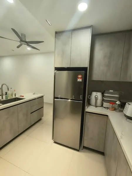 Kitchen features: grey cabinetry, stainless-steel fridge, white quartz countertop, double-bowl stainless-steel sink, chrome pull-down faucet, built-in oven, freestanding range oven, pendant light, 5-blade ceiling fan, tile flooring, wall-mounted cabinets, open shelving, microwave, toaster; style: modern.