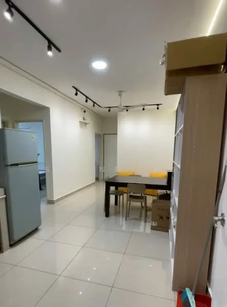 Dining features: white painted walls, glossy ceramic tile flooring, recessed LED downlights, ceiling fan, dining table with four chairs, fridge in light blue color, open layout, storage cabinet, boxes on the floor; style: modern. Room features: white painted walls, glossy ceramic tile flooring, recessed LED downlights, ceiling fan.