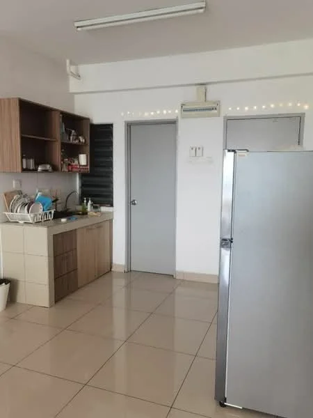 Kitchen features: light brown wooden cabinetry, white countertop, stainless-steel fridge, built-in sink, dish rack, ceramic tile flooring, wall-mounted air conditioning unit, grey door, open shelving, decorative string lights; style: modern.