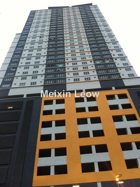 Exterior type: high-rise condominium; features: multi-storey building, glass windows, yellow accent panels, grey painted facade, white painted facade, balconies on upper floors, parking structure, modern architectural design; style: modern.