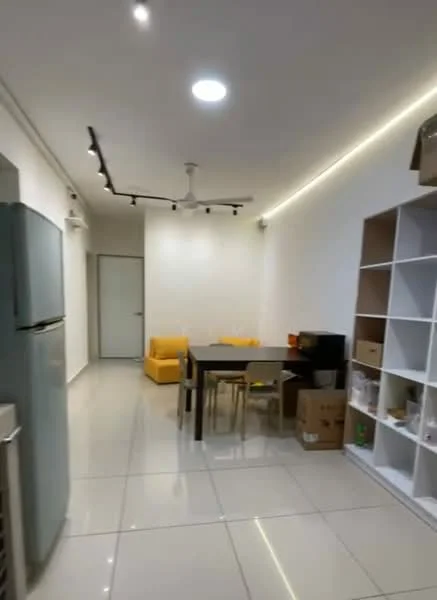 Dining features: white painted walls, polished ceramic tile flooring, 5-blade ceiling fan with light, recessed LED downlights, dining table with 4 chairs, yellow armchair, fridge, open shelving unit, boxes on the floor; style: modern.