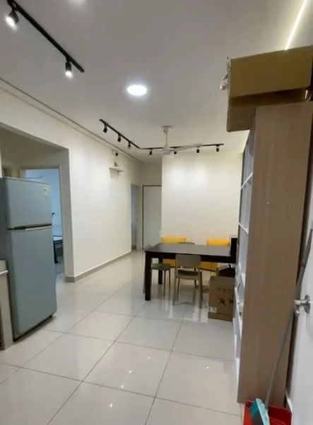 Dining features: white painted walls, glossy tile flooring, recessed downlights, 5-blade ceiling fan, dining table with four chairs, stainless-steel fridge, open layout, storage cabinet, boxes on the floor; style: modern. Room features: white painted walls, glossy tile flooring, recessed downlights, 5-blade ceiling fan.