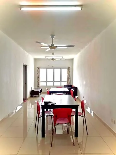 Dining features: white painted walls, glossy ceramic tile flooring, 5-blade ceiling fan, 5-blade ceiling fan, large window with sheer curtains, dining table with black legs, red plastic dining chairs, decorative wall clock, neutral-colored curtains; style: modern.