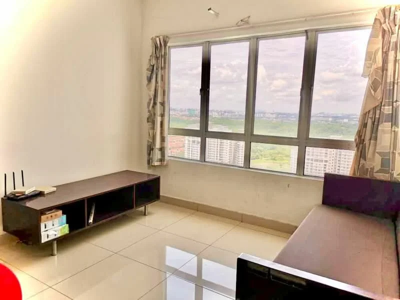 Living features: floor-to-ceiling windows, grey curtains, white painted walls, glossy tile flooring, brown wooden TV console, sofa, decorative items on console, city view, natural light; style: modern; view: city.