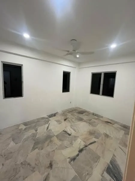 Room features: white painted walls, marble tile flooring, recessed LED downlights, 5-blade ceiling fan, two windows, neutral color scheme; style: modern.