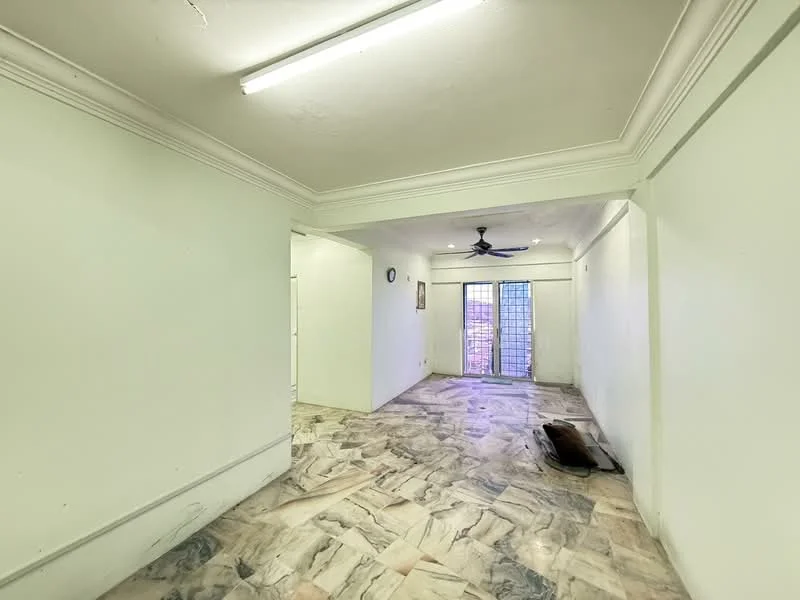 Room features: white painted walls, marble flooring, ceiling fan, sliding glass door, crown moulding, natural light from door, open layout, light fixtures.
