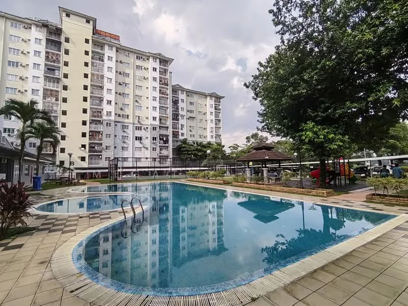 Exterior type: high-rise condominium; features: swimming pool with curved shape, pool deck with loungers, landscaped garden with tropical plants, paved walkway around the pool, gazebo structure, children's playground visible, multiple-storey building, balconies on upper floors; style: modern.