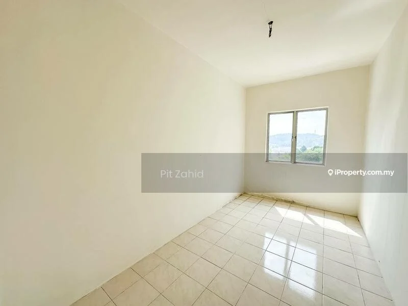 Room features: white painted walls, glossy ceramic tile flooring, single window with view, natural light from window, plain ceiling with light fixture, corner room layout; style: minimalist; view: mountain.