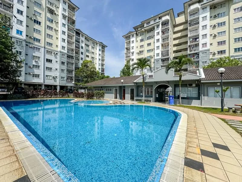 Exterior type: mid-rise condominium; features: swimming pool, pool deck with loungers, landscaped garden, palm trees, manicured lawn, multiple residential buildings, outdoor lighting, walkway around pool; style: modern.