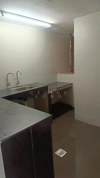 Kitchen features: single-bowl stainless-steel sink, chrome pull-down faucet, grey granite countertop, dark wood cabinetry, tile backsplash, ceramic tile flooring, wall-mounted light fixture, window with metal grills; style: modern.