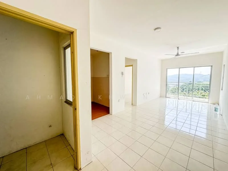 Room features: white painted walls, glossy ceramic tile flooring, ceiling fan, floor-to-ceiling windows, sliding glass door, natural light from windows, view of greenery, open layout; style: modern; view: garden.