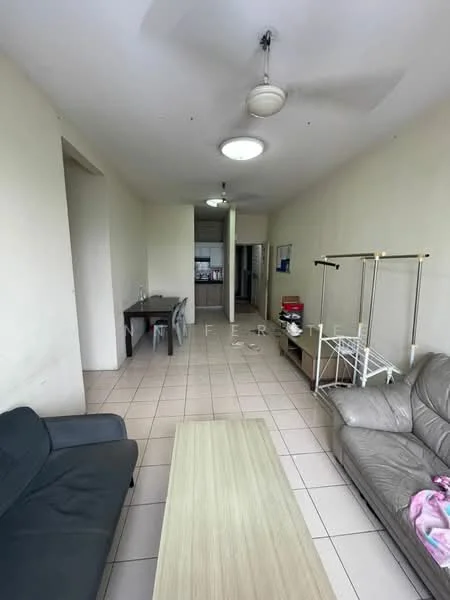 Living features: grey leather sofa, black fabric sofa, wooden coffee table, ceiling fan, recessed ceiling lights, tile flooring, neutral painted walls, open layout, dining table with chairs, clothes drying rack, wall-mounted TV console; style: modern.
