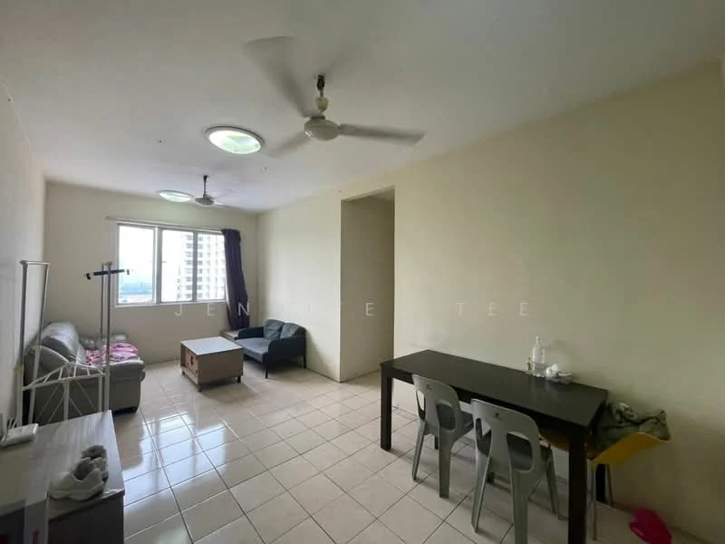 Living features: white painted walls, tiled flooring, 2 ceiling fans, 1 large window with city view, sofa in dark green fabric, 3-seater grey sofa, wooden coffee table, dining table with 4 chairs, decorative items on table; style: minimalist; view: city.