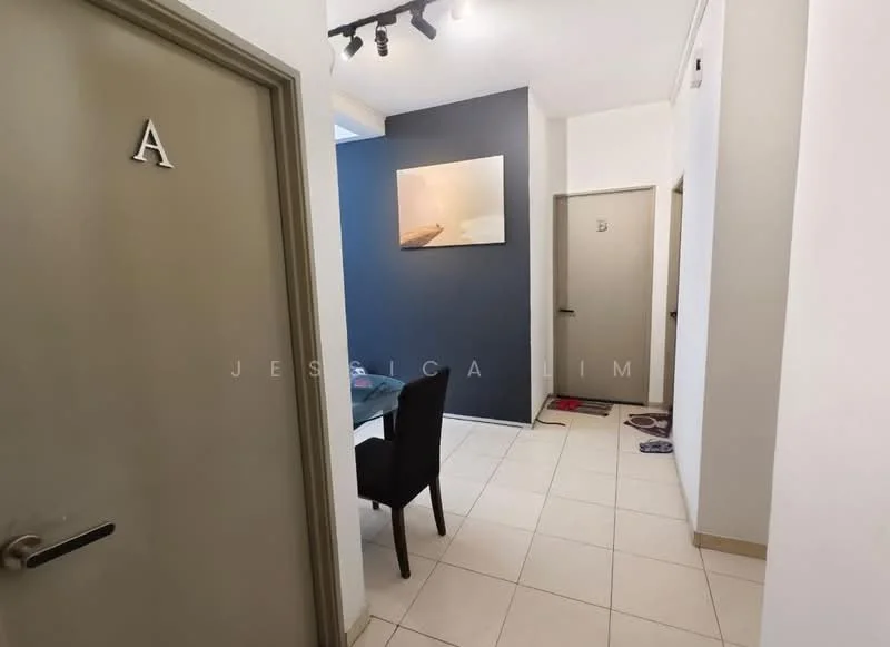 Room features: white walls, grey accent wall, tile flooring, track lighting, door labeled 'A', door labeled 'B', dining table with chairs, decorative artwork on wall; style: modern.