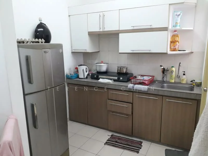 Kitchen features: stainless-steel fridge, built-in oven, electric kettle, dishwasher, single-bowl stainless-steel sink, chrome pull-down faucet, grey laminate countertop, white upper cabinets, wood lower cabinets, tile backsplash, ceramic tile flooring, area rug with geometric pattern; style: modern.