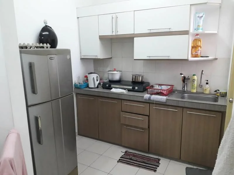 Kitchen features: stainless-steel fridge, built-in oven, white upper cabinets, wood lower cabinets, grey countertop, ceramic tile backsplash, kettle, dish soap, dishwasher, hand towel, kitchen rug, cooking pot, plastic containers, egg tray; style: modern.