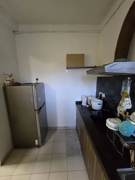 Kitchen features: stainless-steel fridge, black countertop, wood cabinetry, shelf above countertop, kettle, toaster, built-in stove, tile flooring, white painted walls; style: modern.