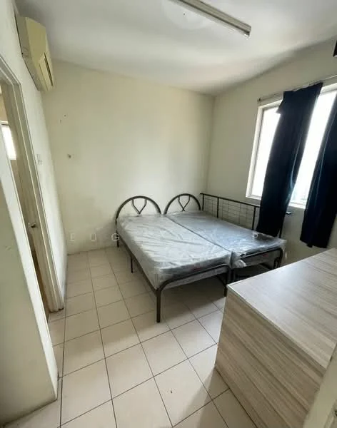 Bedroom features: two single metal beds with mattresses, white painted walls, tile flooring, window with dark curtains, air conditioning unit on wall, built-in wardrobe, ceiling light fixture.