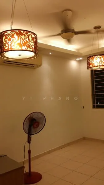 Room features: white painted walls, tile flooring, 2 pendant lamps with decorative shades, 1 ceiling fan, wall-mounted air conditioning unit, window with horizontal blinds, standing fan; style: modern.