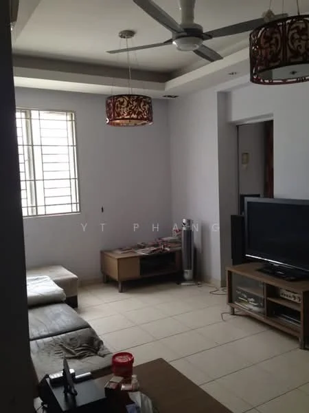 Living features: cream painted walls, tile flooring, 5-blade ceiling fan, 2 pendant lamps with decorative shades, sofa with fabric upholstery, wooden TV console, wall-mounted TV, coffee table, floor-standing air purifier, large window with grid pattern, decorative items on console; style: modern.