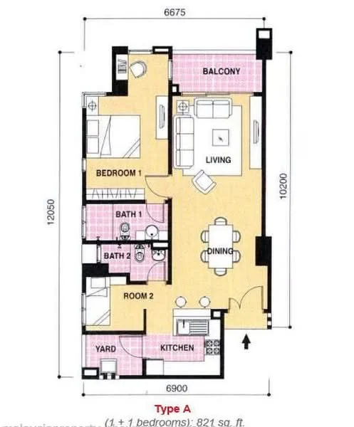 Floor plan: 2-bedroom 2-bathroom unit; features: open-plan kitchen-dining-living, master bedroom with ensuite bathroom, bedroom 1 with shared bathroom, balcony off living room, yard area, utility room, central foyer.