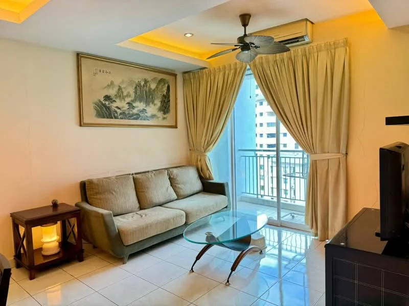 Living features: beige fabric sofa, glass coffee table, wall-mounted TV, floor-to-ceiling windows, sheer curtains, recessed downlights, ceiling fan, cream painted walls, tile flooring, framed artwork on wall, balcony access; style: modern; view: city.