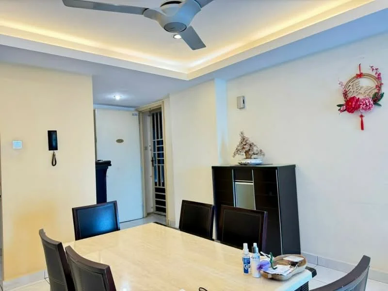 Dining features: rectangular dining table with marble top, 6 upholstered dining chairs, ceiling with recessed lighting, 5-blade ceiling fan, light-colored painted walls, white tiled flooring, decorative wall art, sideboard cabinet, doorway leading to hallway; style: modern.