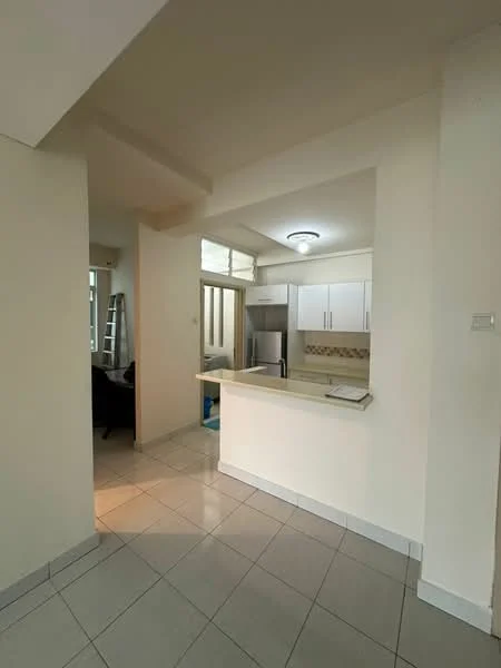 Kitchen features: white cabinetry, grey countertop, stainless-steel fridge, tile backsplash, ceramic tile flooring, recessed ceiling lights, open layout to living area, window for natural light; style: modern. Room features: light-colored walls, sliding glass door, open space to living area.