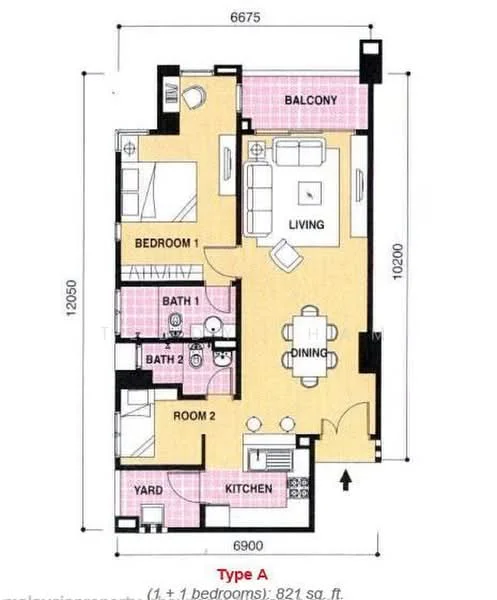 Floor plan: 2-bedroom 2-bathroom unit; features: open-plan kitchen-dining-living, master bedroom with ensuite bathroom, balcony off living room, utility room, yard area, central foyer.