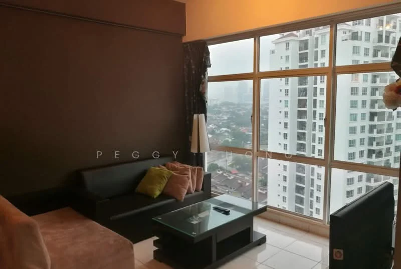 Living features: floor-to-ceiling windows, grey accent wall, cream painted walls, 3-seater fabric sofa in black, 2-seater fabric sofa in beige, glass coffee table, curtains, tile flooring, city view; style: modern; view: city.