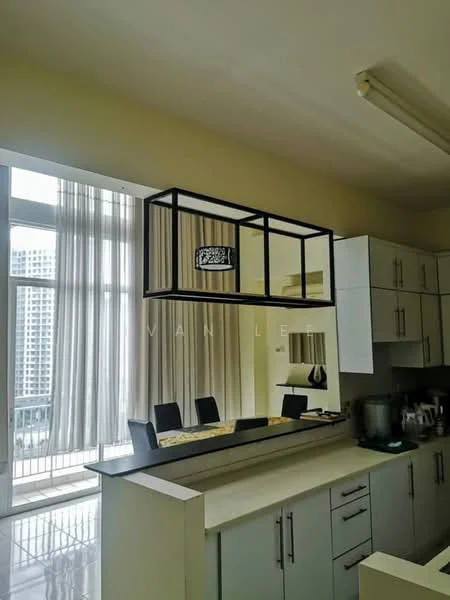 Kitchen features: white cabinetry, black metal open shelving, marble countertop, stainless-steel sink, chrome faucet, 4-seat dining table, floor-to-ceiling windows, sheer curtains, recessed lighting, tile flooring, kitchen island, decorative wall art; style: modern; view: city.