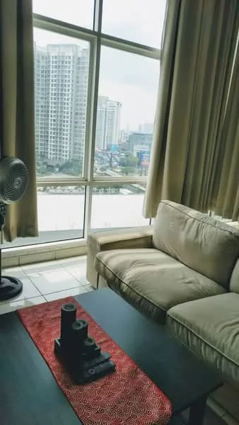 Living features: beige fabric sofa, coffee table, floor-to-ceiling windows, sheer curtains, city view, tile flooring, decorative red table runner, ceiling fan; style: modern; view: city.