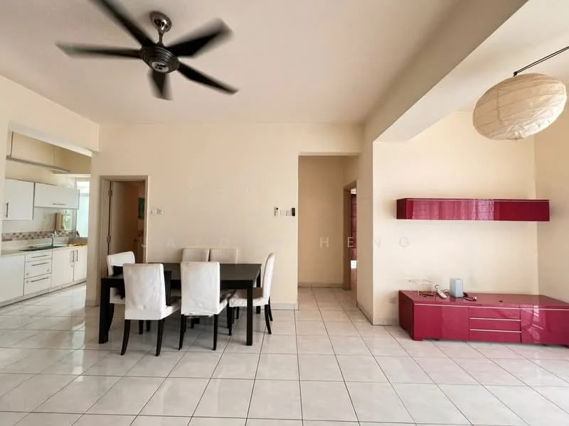 Dining features: dining table with 6 chairs, white upholstered chairs, ceiling fan, white walls, tile flooring, wall-mounted TV unit in red, light fixture, open layout to kitchen, large windows for natural light; style: modern. Kitchen features: white cabinetry, granite countertop, built-in oven, stainless-steel sink, kitchen island, tile backsplash, open layout to dining area; style: modern.
