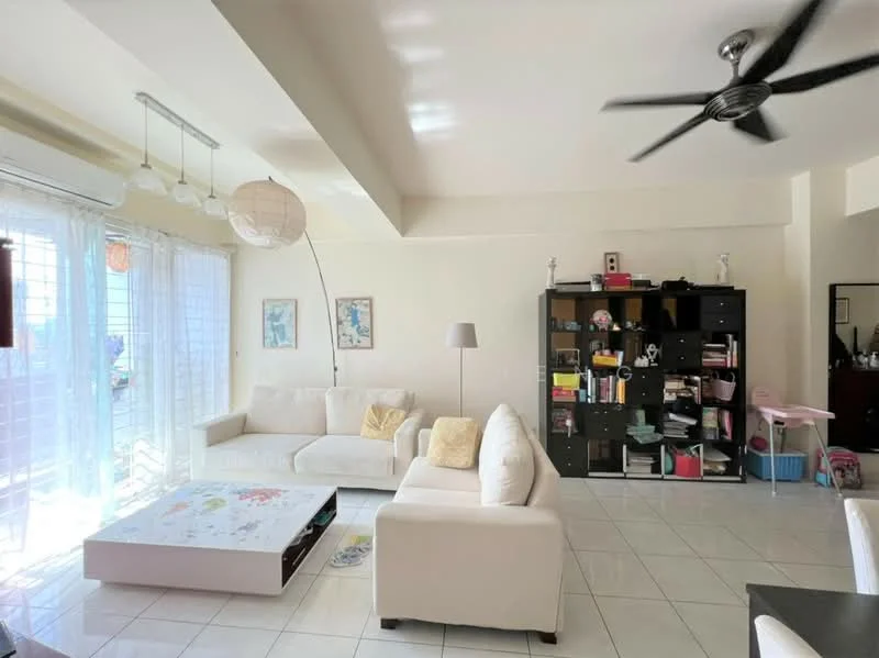 Living features: white walls, white tiled flooring, 5-blade ceiling fan, floor-to-ceiling windows, sheer curtains, sofa in white fabric, coffee table with storage, black shelving unit, decorative lamp, wall-mounted mirror; style: modern.