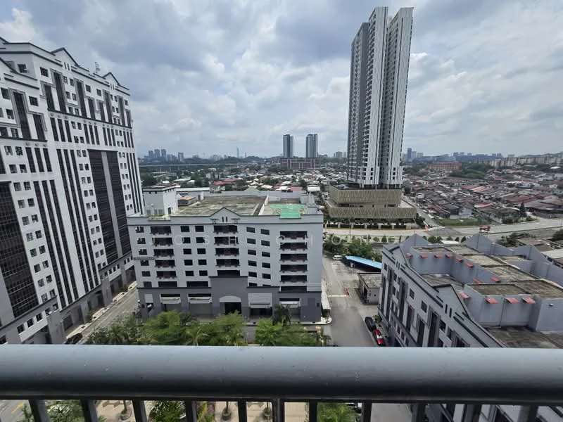 Exterior type: high-rise condominium; features: glass curtain wall, white painted facade, multiple balconies, surrounded by urban landscape, view of city skyline, manicured landscaping in foreground, adjacent to other high-rise buildings, parking area visible; style: modern.