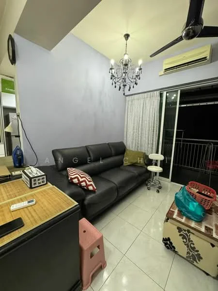 Living features: black leather 3-seater sofa, chandelier light fixture, 5-blade ceiling fan, white sheer curtains, sliding glass door, white tiled flooring, decorative coffee table, small pink stool, vacuum cleaner, TV console with remote control, wall-mounted air conditioning unit; style: modern.