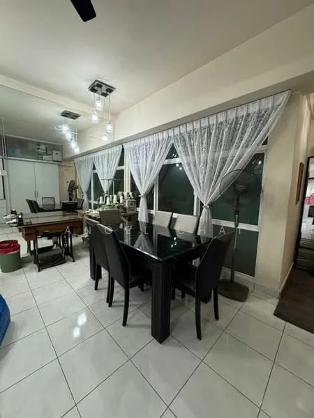 Dining features: black dining table, 6 upholstered dining chairs, white sheer curtains, large windows, tile flooring, recessed ceiling lights, ceiling fan, decorative wall mirror, green plant in pot, wooden side table, glass display cabinet; style: modern.