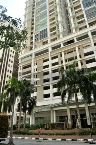 Exterior type: high-rise condominium; features: glass curtain wall, cream painted facade, recessed balconies, palm trees in landscaping, manicured lawn, multi-storey car park, double-volume main lobby, surrounded by mature greenery; style: modern.
