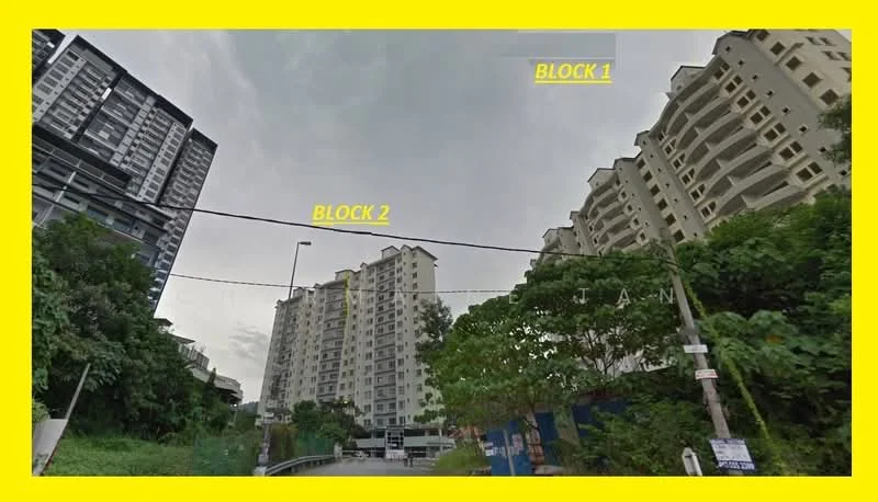 Exterior type: high-rise condominium; features: multiple high-rise buildings, concrete facade, green landscaping, surrounding trees, street view, signage indicating blocks; style: modern.